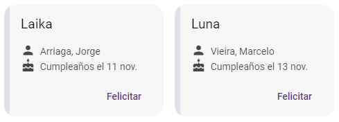 tarjetas de notificación de cumpleaños de los pacientes con información de contacto de su dueño