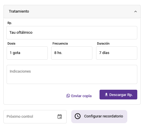 extracto del formulario de consultas que muestra la carga de prescripciones médicas, la generación de recetas en pdf y la configuración de los recordatorios