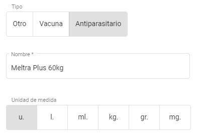extracto del formulario para carga de antiparasitarios, vacunas y otros medicamentos con su unidad de medida