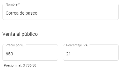 extracto del formulario de productos mostrando la carga del precio de venta al público y la tasa de IVA