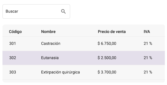 tabla de procedimientos clínicos con precio de venta, código e IVA y su buscador