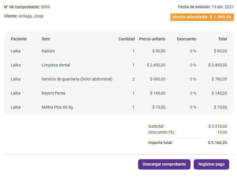 ejemplo de cómo se ve una venta en el sistema web de Volki con la opción de descarga de comprobante y registro de pagos