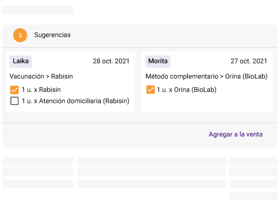 tarjeta de sugerencias de productos y servicios veterinarios utilizados para ser incluídos en una venta