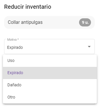 extracto del formulario de reducción de inventario mostrando el nivel actual y los motivos de reducción (uso, expirado, dañado, etc)