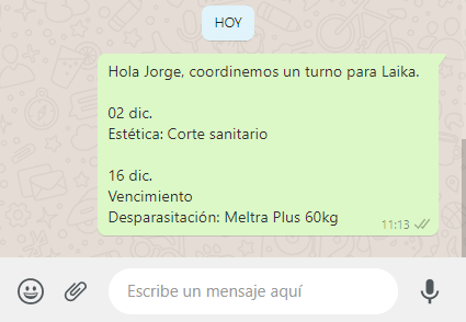 chat de whatsapp con un mensaje para coordinar turno de la mascota con su dueño